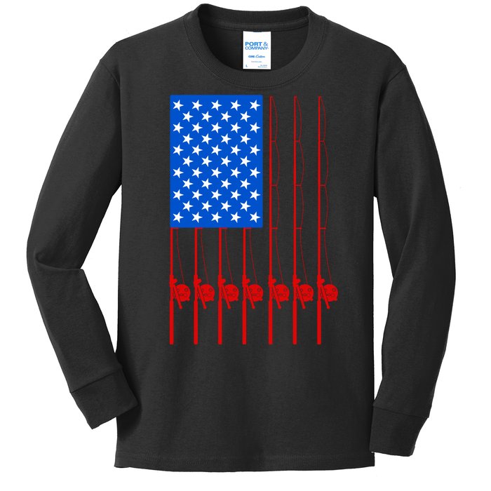 Fishing Poles USA American Flag Kids Long Sleeve Shirt