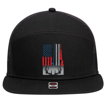 Fishing Rod Hunting Rifle American Flag 7 Panel Mesh Trucker Snapback Hat