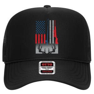 Fishing Rod Hunting Rifle American Flag High Crown Mesh Back Trucker Hat