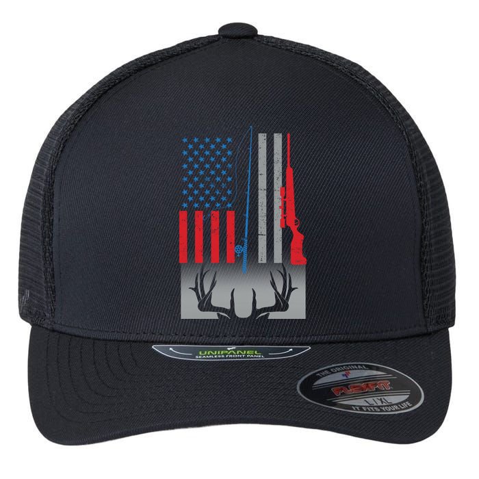 Fishing Rod Hunting Rifle American Flag Flexfit Unipanel Trucker Cap