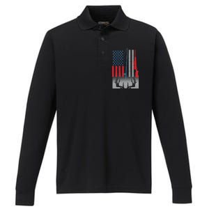 Fishing Rod Hunting Rifle American Flag Performance Long Sleeve Polo