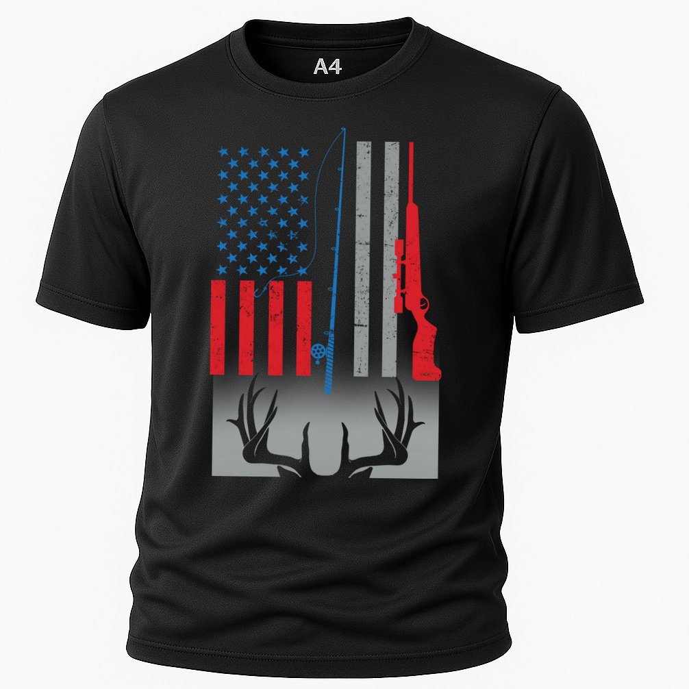Fishing Rod Hunting Rifle American Flag Cooling Performance Crew T-Shirt