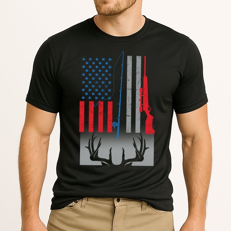 Fishing Rod Hunting Rifle American Flag Cooling Performance Crew T-Shirt