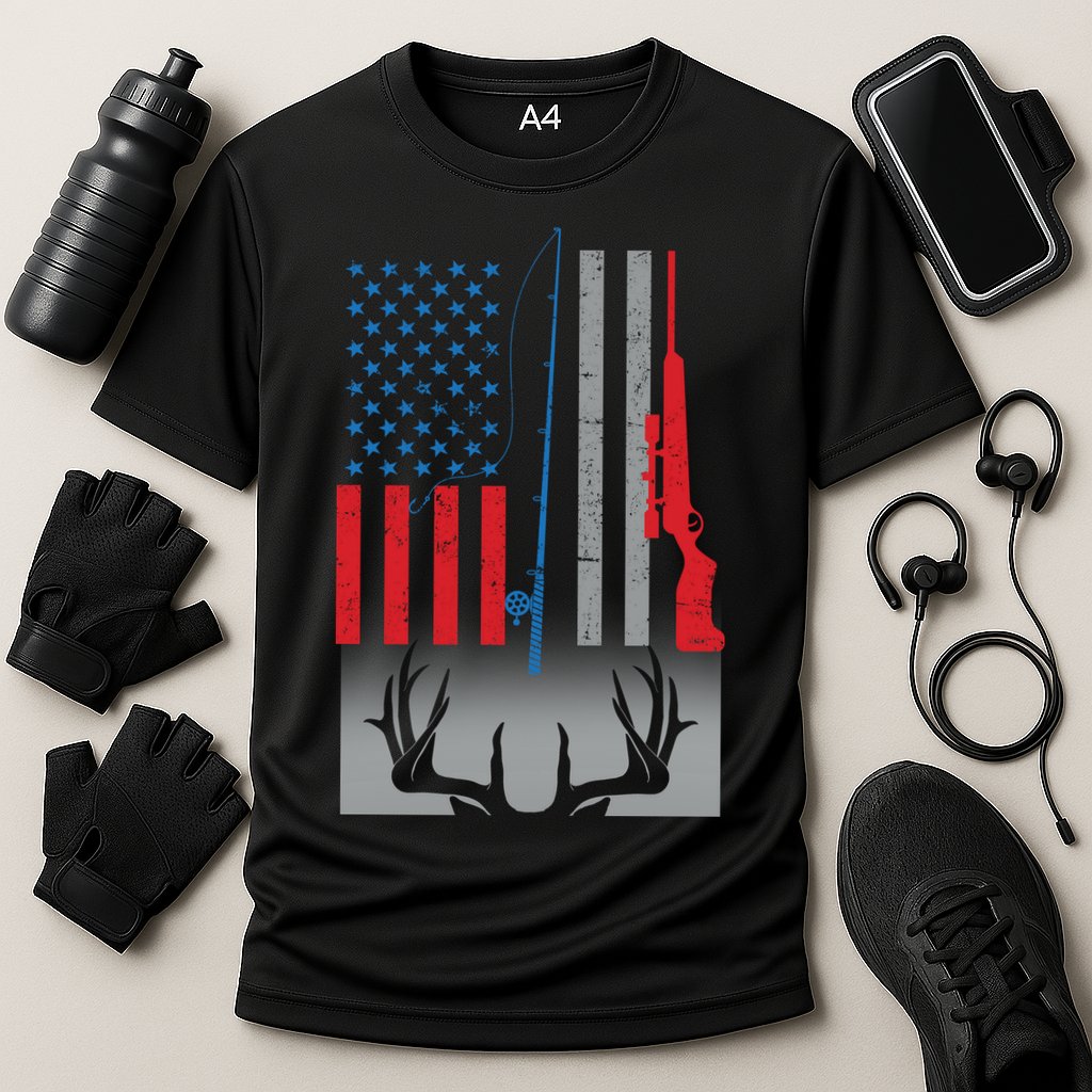 Fishing Rod Hunting Rifle American Flag Cooling Performance Crew T-Shirt