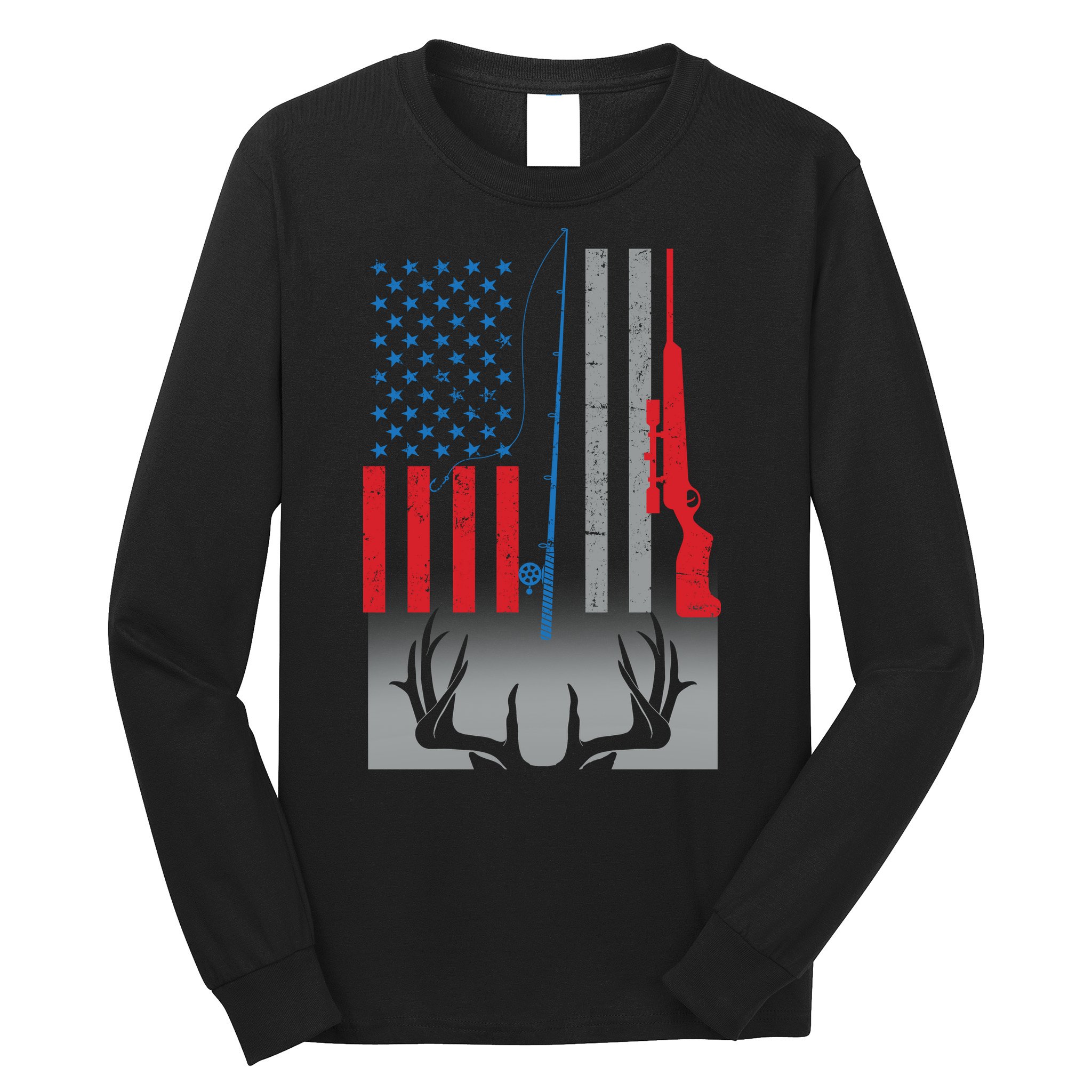 Fishing Rod Hunting Rifle American Flag Long Sleeve Shirt