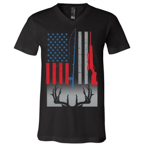 Fishing Rod Hunting Rifle American Flag V-Neck T-Shirt