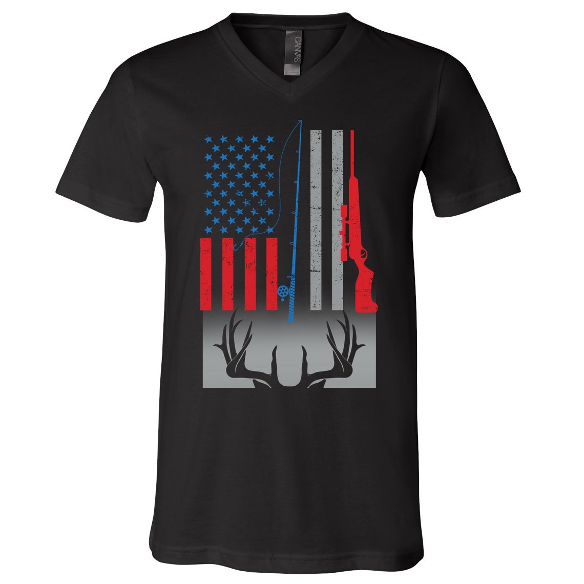 Fishing Rod Hunting Rifle American Flag V-Neck T-Shirt