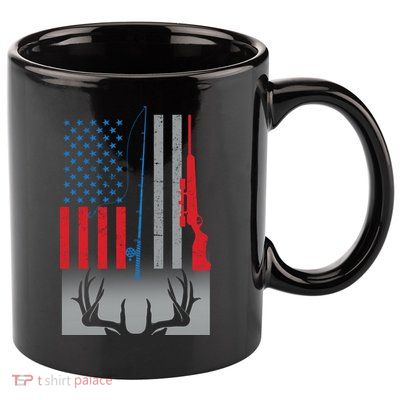 Fishing Rod Hunting Rifle American Flag 11oz C Handle Ceramic Mug