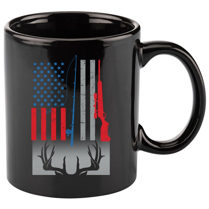 Fishing Rod Hunting Rifle American Flag 11oz C Handle Ceramic Mug