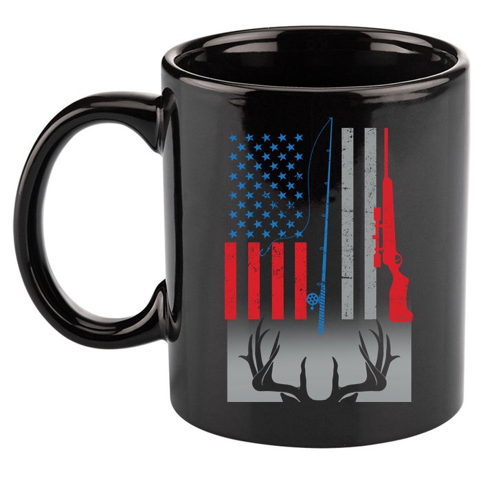 Fishing Rod Hunting Rifle American Flag 11oz C Handle Ceramic Mug