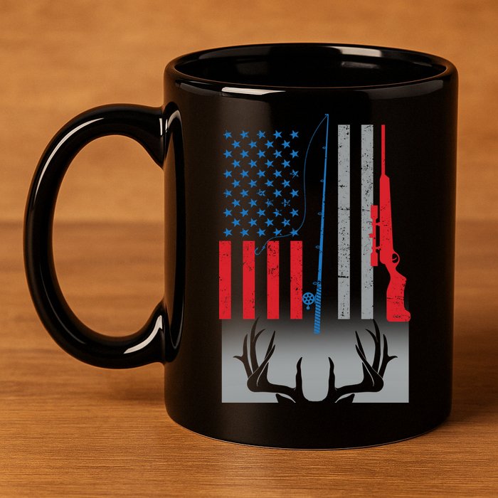 Fishing Rod Hunting Rifle American Flag 11oz C Handle Ceramic Mug
