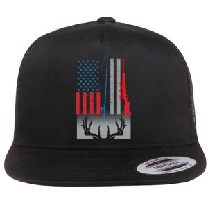 Fishing Rod Hunting Rifle American Flag Flat Bill Trucker Hat