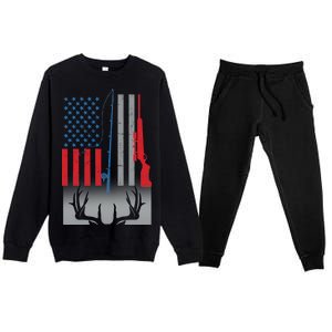 Fishing Rod Hunting Rifle American Flag Premium Crewneck Sweatsuit Set