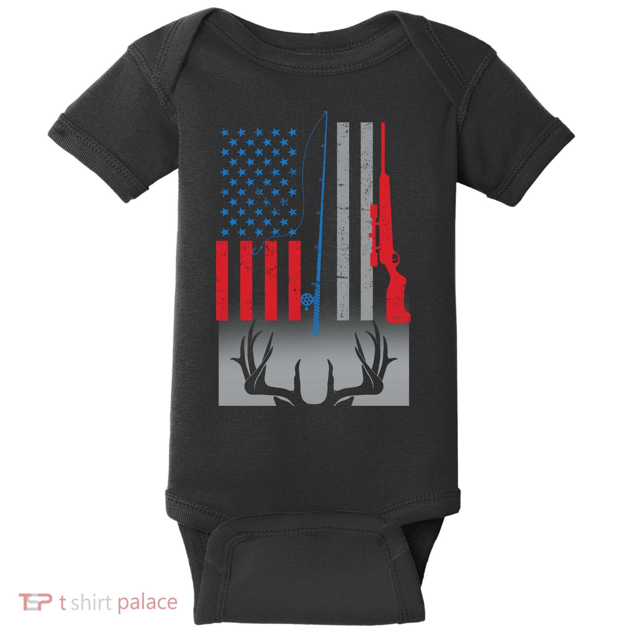 Fishing Rod Hunting Rifle American Flag Baby Bodysuit