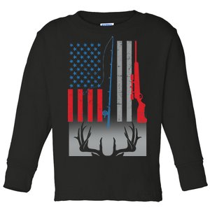 Fishing Rod Hunting Rifle American Flag Toddler Long Sleeve Shirt