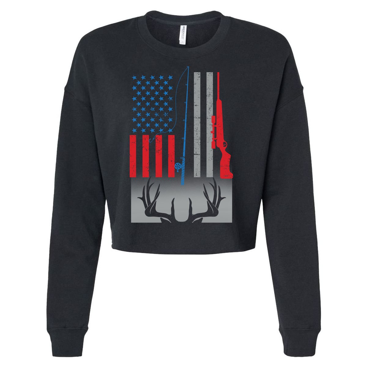 Fishing Rod Hunting Rifle American Flag Cropped Pullover Crew