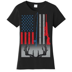 Fishing Rod Hunting Rifle American Flag Women's T-Shirt