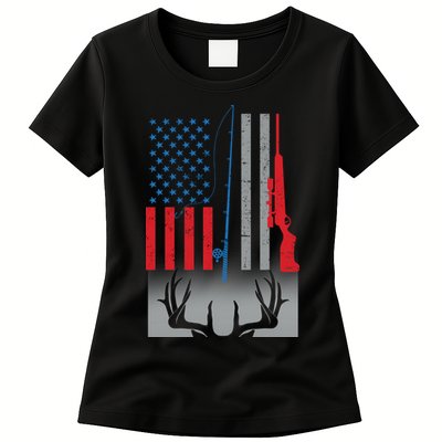 Fishing Rod Hunting Rifle American Flag Womens T-Shirt