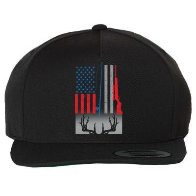 Fishing Rod Hunting Rifle American Flag Wool Snapback Cap