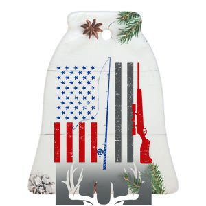 Fishing Rod Hunting Rifle American Flag Ceramic Bell Ornament