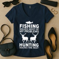 Fishing Solves Most Of My Problems Hunting Solves The Rest Women's V-Neck T-Shirt