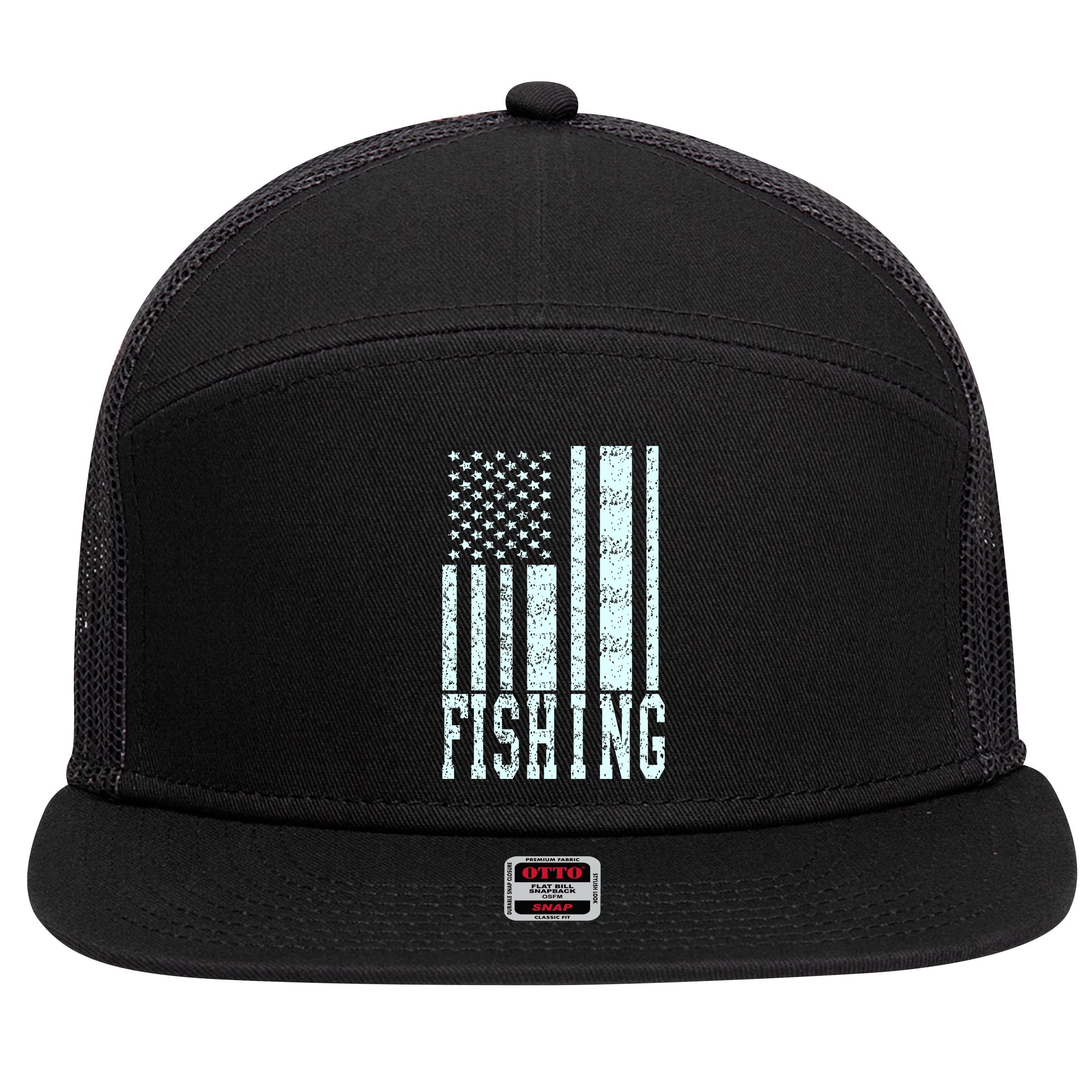 Fishing USA Flag 7 Panel Mesh Trucker Snapback Hat