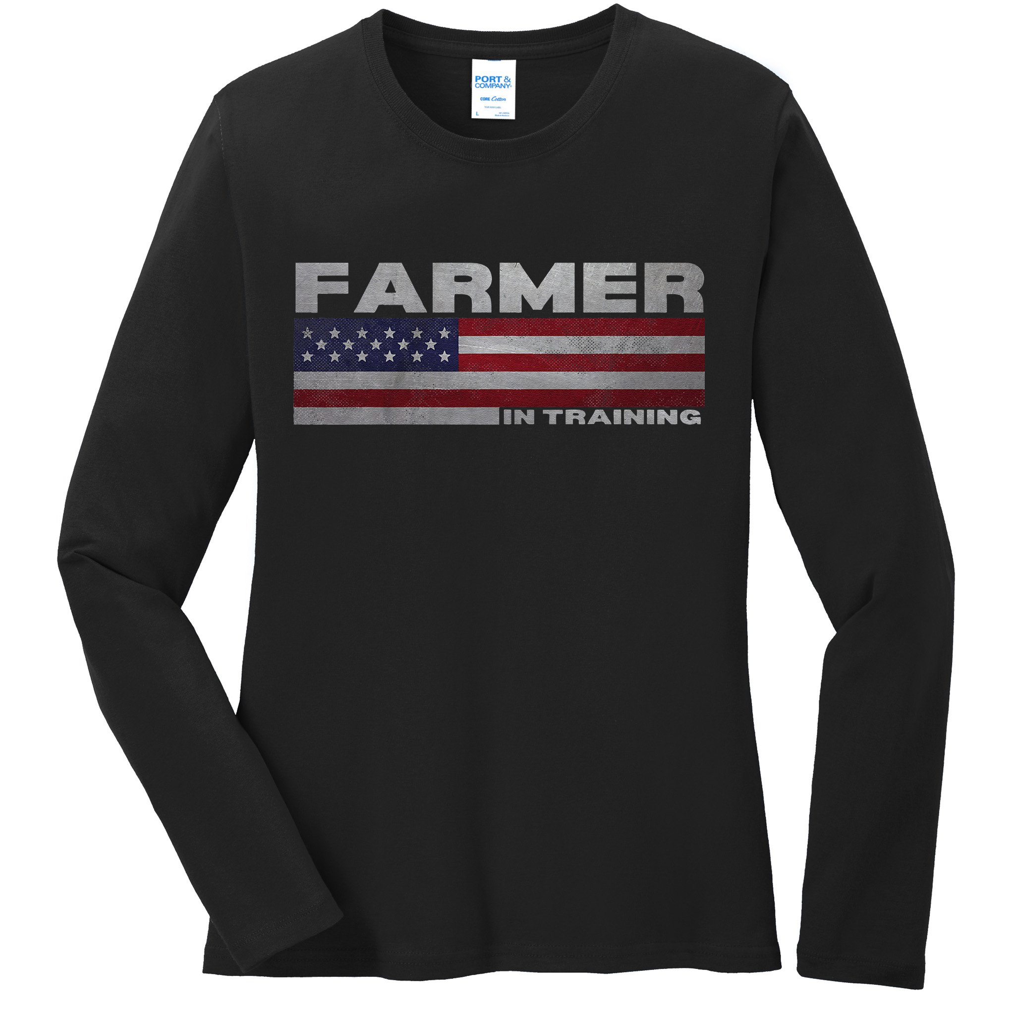 Farmer In Training Future Farmer Patriotic American Flag Ladies Long Sleeve Shirt