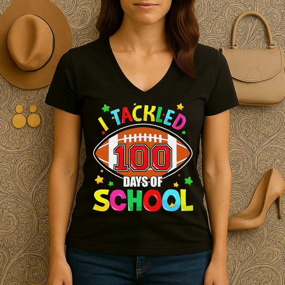 Football I Tackled 100 Day Of School  100th Day Of School Women's V-Neck T-Shirt