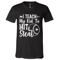 Funny I Teach My To Hit And Steal Fun Baseball Dad Mom V-Neck T-Shirt