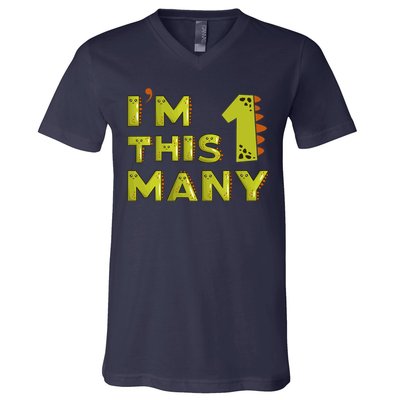 Funny Im This Many 1st Birthday Dinosaur Gift V-Neck T-Shirt