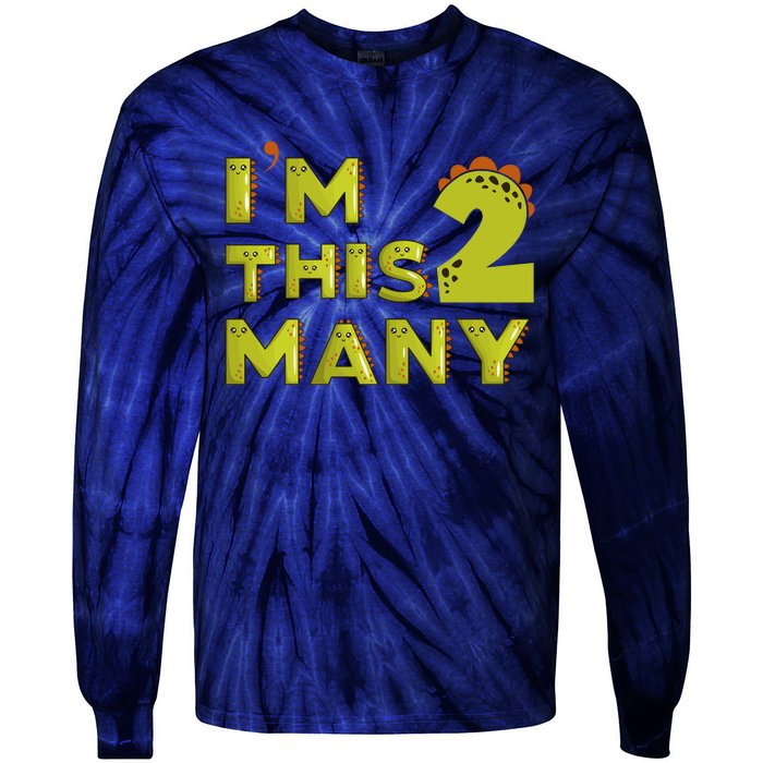 Funny Im This Many 2nd Birthday Dinosaur Gift Tie-Dye Long Sleeve Shirt