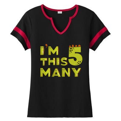 Funny Im This Many 5th Birthday Dinosaur Gift Ladies Halftime Notch Neck Tee