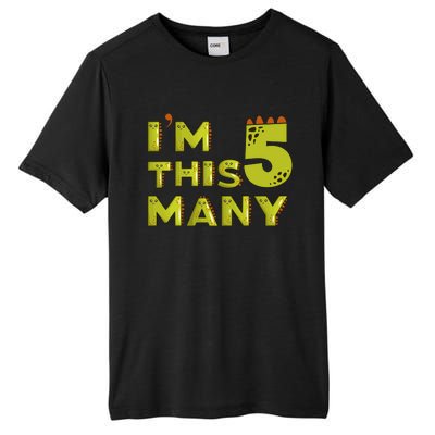 Funny Im This Many 5th Birthday Dinosaur Gift Tall Fusion ChromaSoft Performance T-Shirt