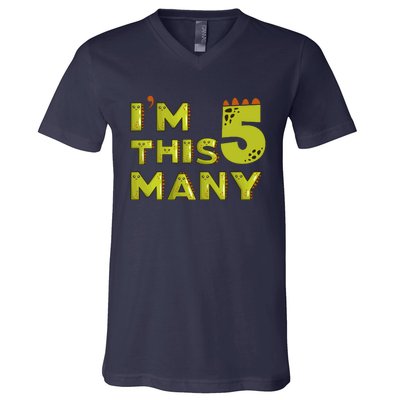 Funny Im This Many 5th Birthday Dinosaur Gift V-Neck T-Shirt