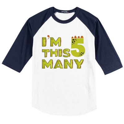 Funny Im This Many 5th Birthday Dinosaur Gift Baseball Sleeve Shirt