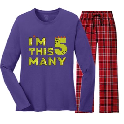 Funny Im This Many 5th Birthday Dinosaur Gift Women's Long Sleeve Flannel Pajama Set 