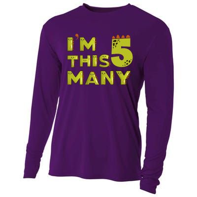 Funny Im This Many 5th Birthday Dinosaur Gift Cooling Performance Long Sleeve Crew