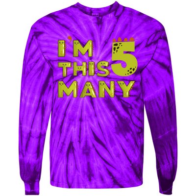 Funny Im This Many 5th Birthday Dinosaur Gift Tie-Dye Long Sleeve Shirt