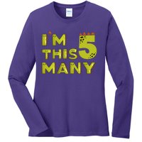 Funny Im This Many 5th Birthday Dinosaur Gift Ladies Long Sleeve Shirt