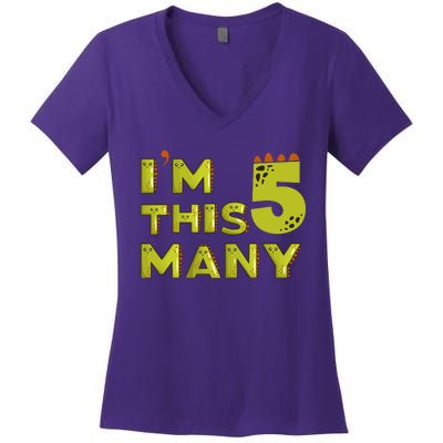 Funny Im This Many 5th Birthday Dinosaur Gift Women's V-Neck T-Shirt