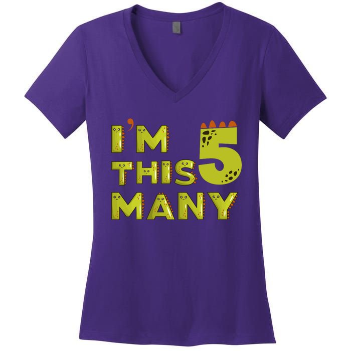 Funny Im This Many 5th Birthday Dinosaur Gift Women's V-Neck T-Shirt