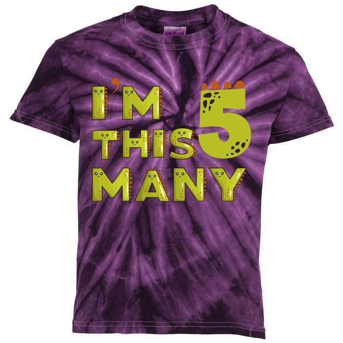 Funny Im This Many 5th Birthday Dinosaur Gift Kids Tie-Dye T-Shirt