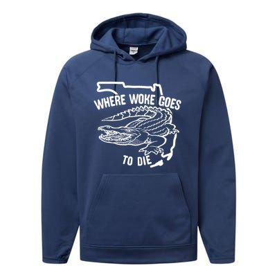 Florida Is Where Woke Goes To Die Crocodile Alligator Performance Fleece Hoodie