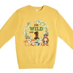 Funny Im Wild And One Zoo Theme Birthday Safari Jungle Animals Premium Crewneck Sweatshirt