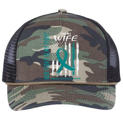 Fight I Wear Teal For My Wife Ovarian Cancer Flag Husband Retro Rope Trucker Hat Cap