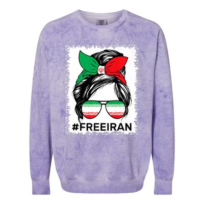 Free Iran Women Life Freedom Bleached Messy Bun Iranian Flag Colorblast Crewneck Sweatshirt