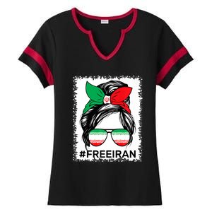 Free Iran Women Life Freedom Bleached Messy Bun Iranian Flag Ladies Halftime Notch Neck Tee