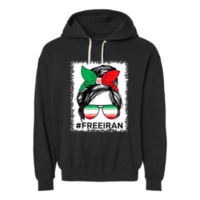 Free Iran Women Life Freedom Bleached Messy Bun Iranian Flag Garment-Dyed Fleece Hoodie