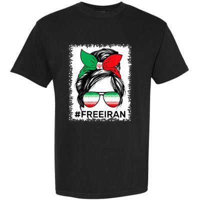 Free Iran Women Life Freedom Bleached Messy Bun Iranian Flag Garment-Dyed Heavyweight T-Shirt