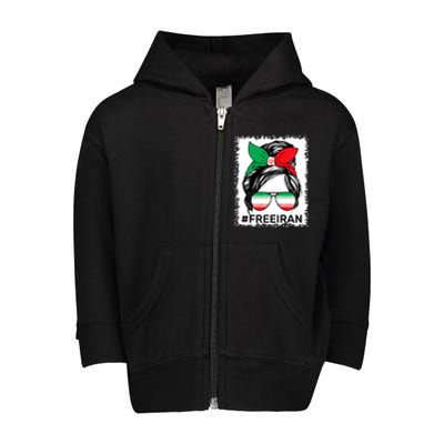 Free Iran Women Life Freedom Bleached Messy Bun Iranian Flag Toddler Zip Fleece Hoodie